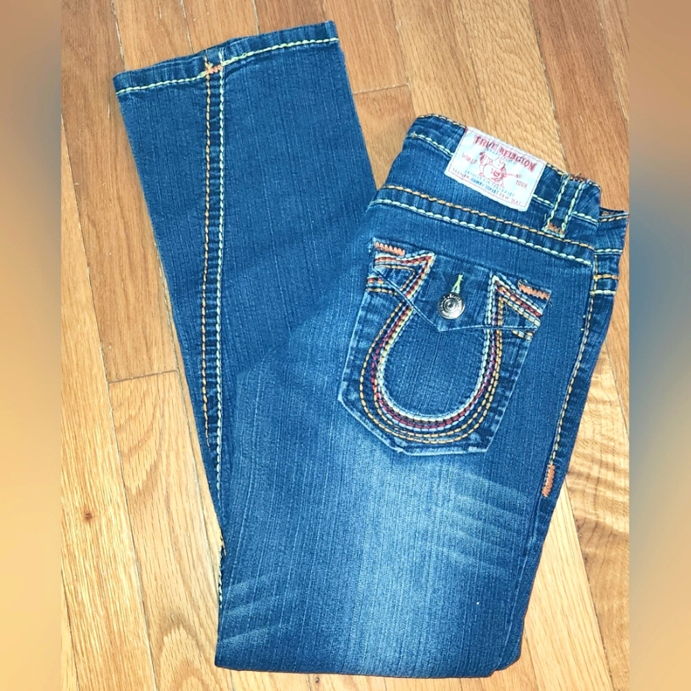 VINTAGE TRUE RELIGION RAINBOW FLAP POCKETS SIZE 28X28 Dark wash johnny